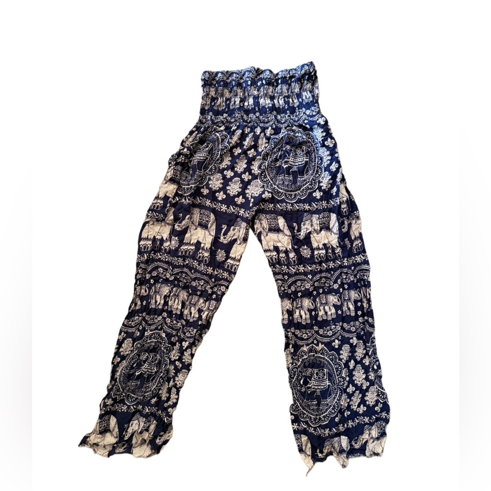Blue Casual Harem Yoga smocked waist loose fit boho Pants Elastic Waistband S/M